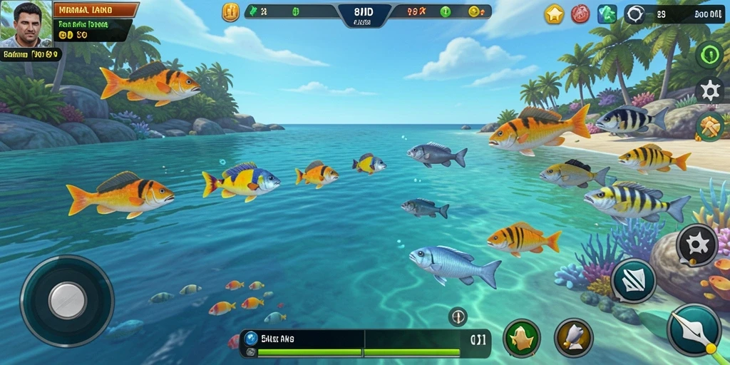 Tangkapan layar gameplay 8ID yang menunjukkan aksi menembak ikan.