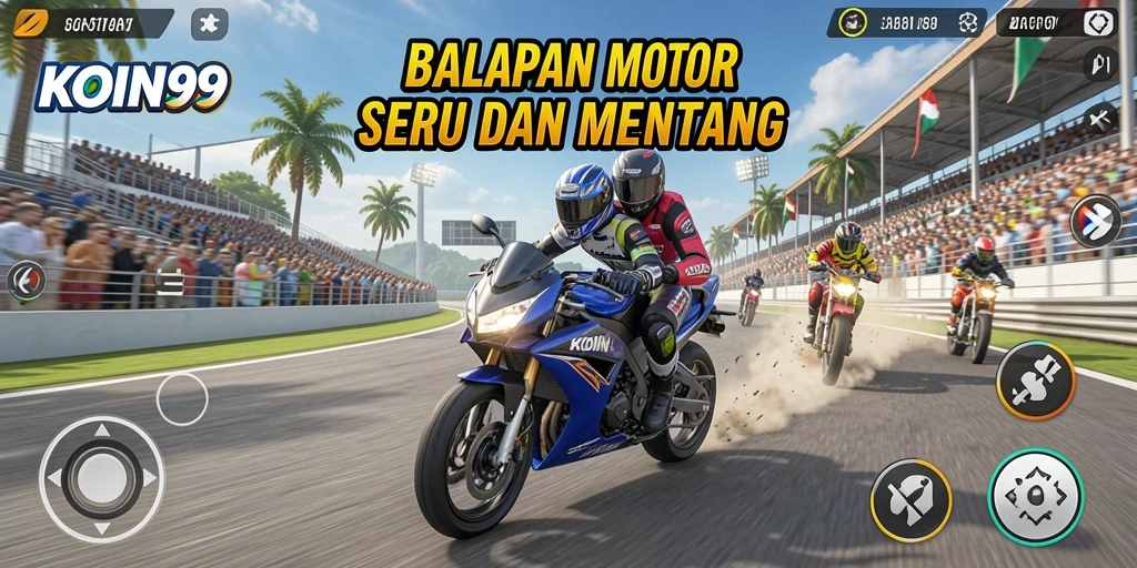 Gameplay KOIN99 menampilkan balapan motor yang menegangkan dan seru.